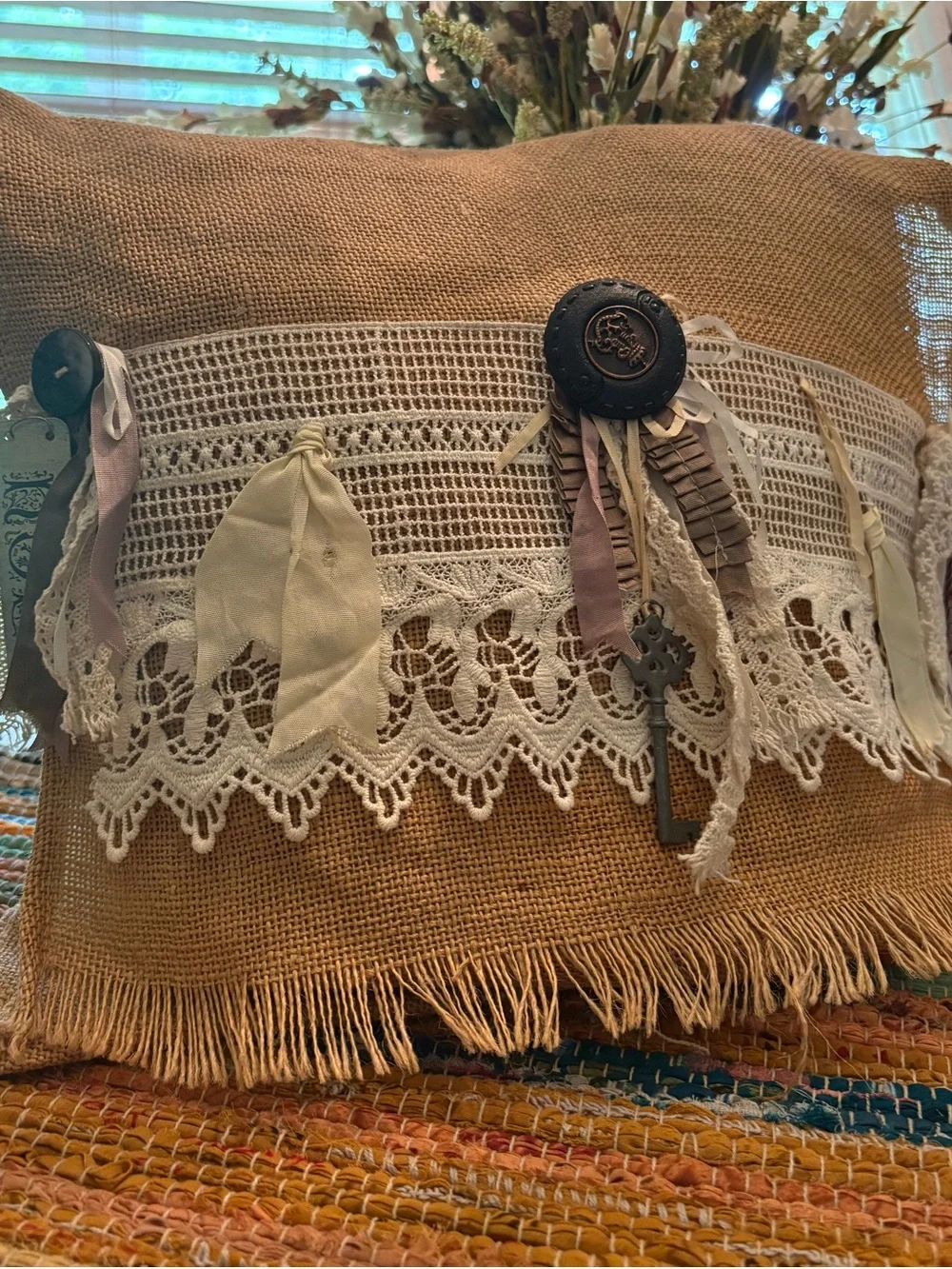 Boho Burlap Decorative Pillow with Lace Trim and Tassels - Neutral